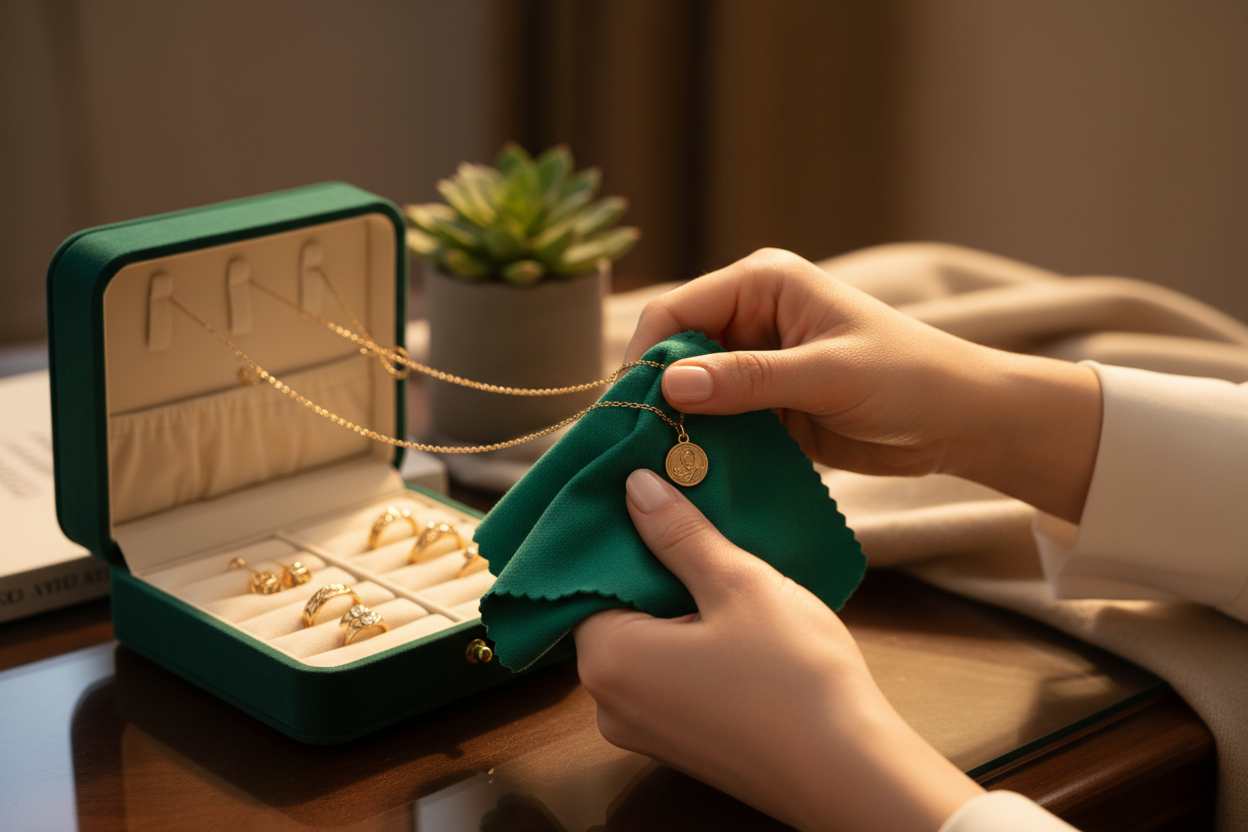 Hands gently polishing a necklace with a soft lint-free cloth, open jewelry box nearby, warm light, cozy and careful mood, high-end product care photography. use green and warm tones