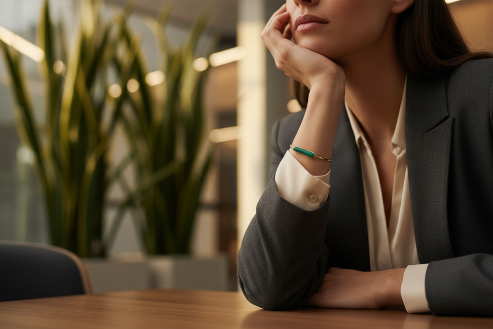 hyper-realistic close-up image of a corporate woman, sitting on a table with her elbow on the table and face resting on hand, showing minimalist bracelet, green and warm tones