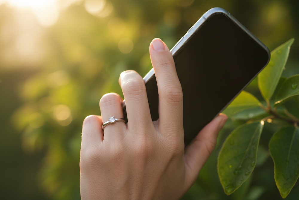 hyper-realistic close-up shot of a woman's hand, holding a cellphone pressed on her ear, showing a minimalist ring on one of her fingers, green and warm tone