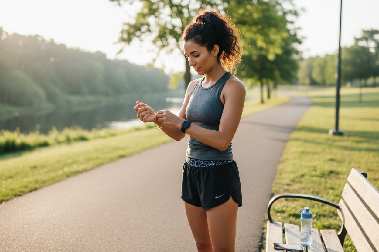 image of a woman removing her bracelet. the woman is going out for a run. her hair is tied in a pony tail