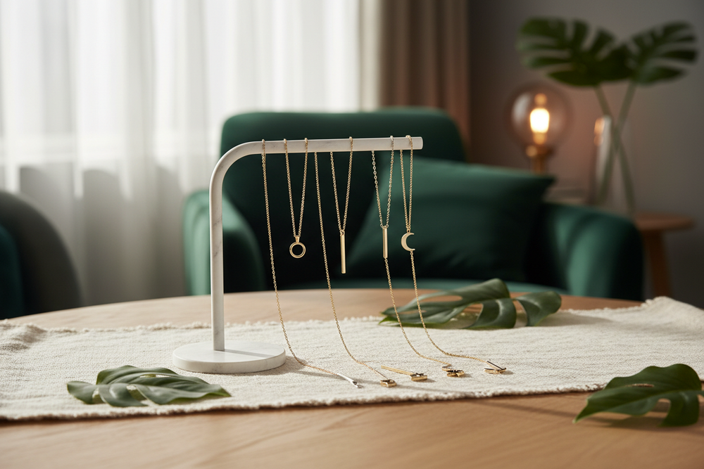 minimalist gold and white gold necklace and pendants on the table and display rack, green and warm tone, hyper-realistic