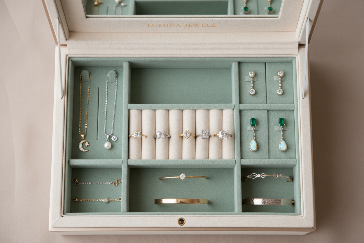 Organized jewelry box with individual compartments, each holding a single piece of jewelry, no tangles or scratches, top-down view, minimal, elegant, neutral color palette, premium brand look. use green and warm tones